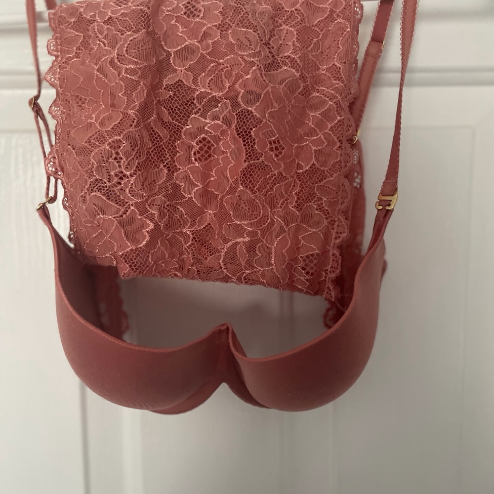 Victoria's Secret Coral Lace push up Bra 36B matching lace garter thong size S